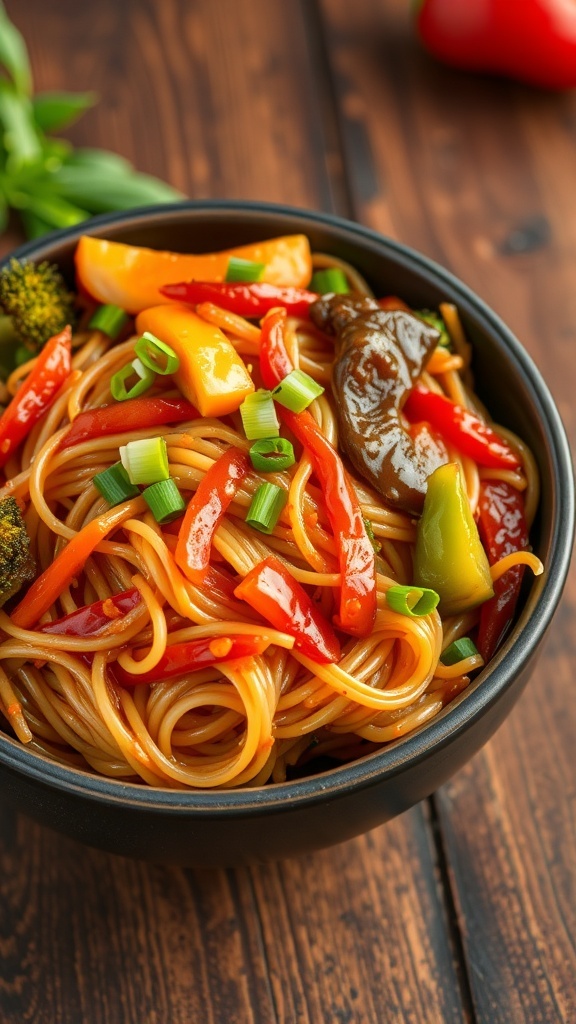A bowl of stir-fried noodles with mixed vegetables and green onions on a rustic table.